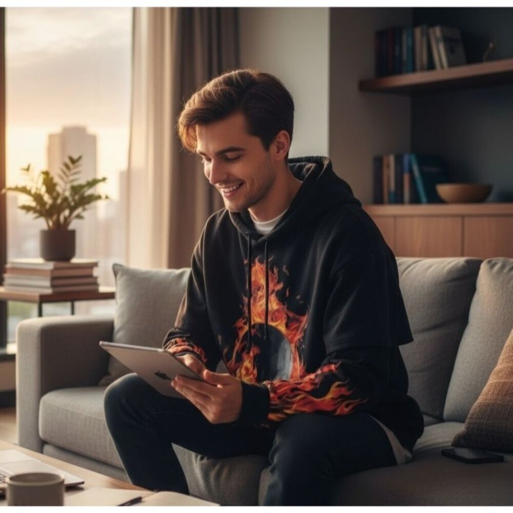Current Mood ✦ Black Orange Flame Hoodie ✦ Detention Fire Skull Pullover S NWT - Picture 8 of 9